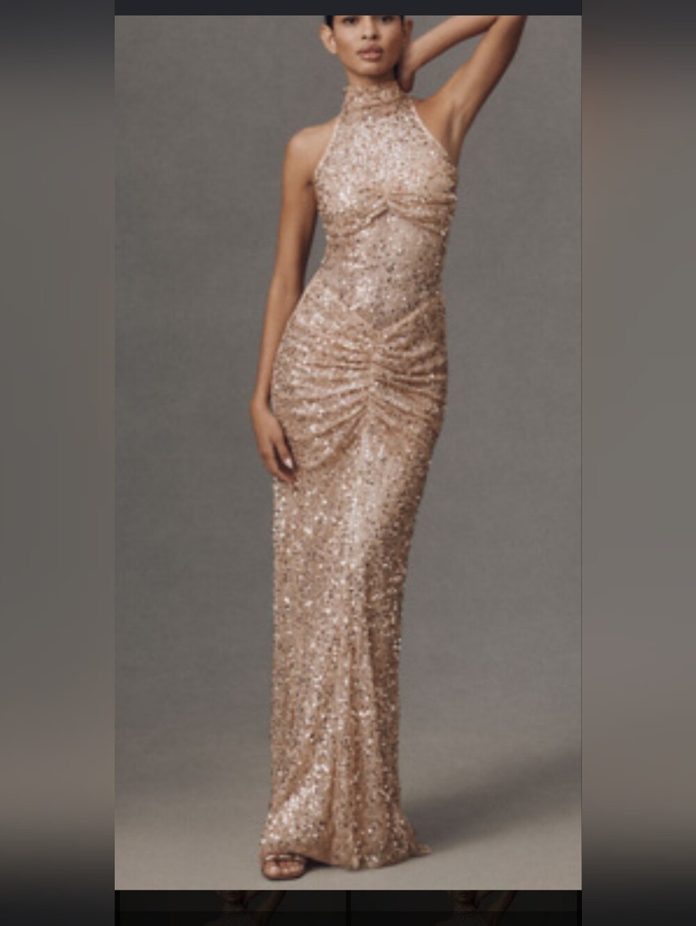 Halter Ruched Sequin Maxi Dress in Rose Gold